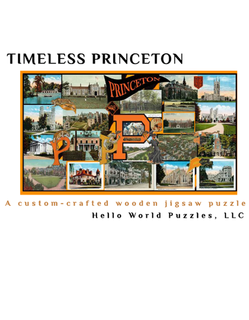 A wooden jigsaw puzzle of Princeton university featuring vintage postcards.